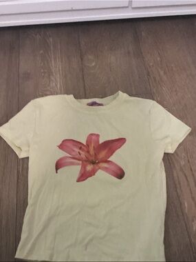 Edikted Yellow Short Sleeve Tee with Pink Floral Graphic